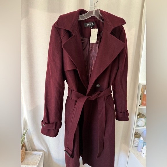 DKNY burgundy wine wool blend trench coat OFFERS WILL BE DECLINED - Picture 5 of 10